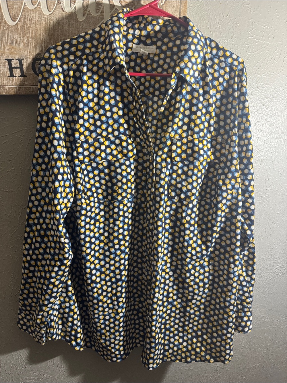 Charter Club Navy Shirt with Yellow and White Dot Pattern